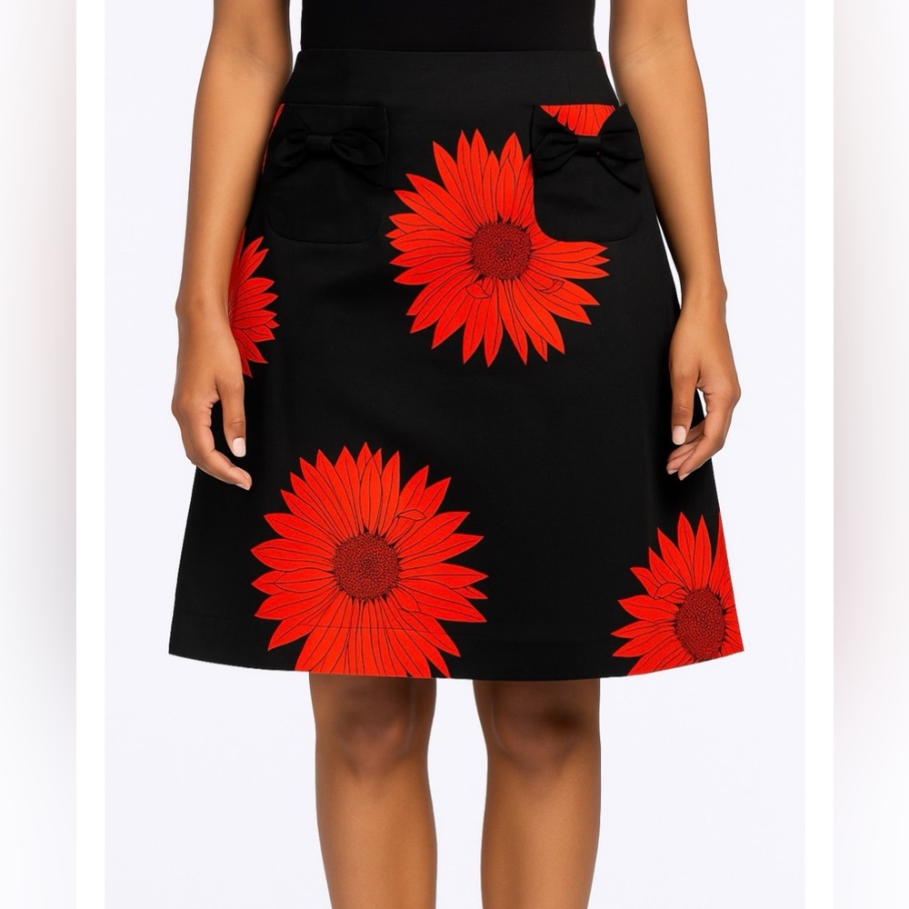Black A-Line Skirt with Red Floral Print